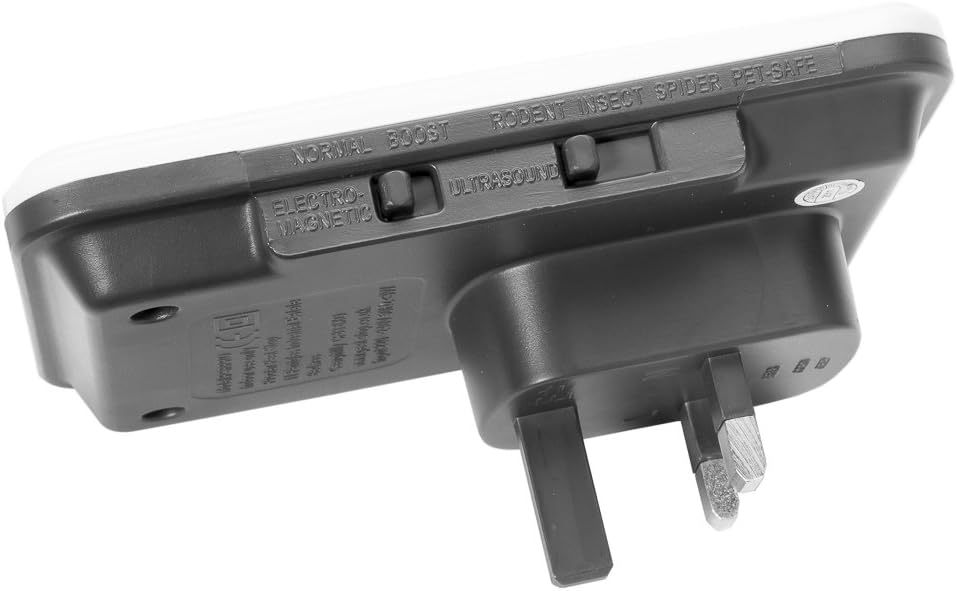 Pestclear Slimeline 4000sq plug-in pest repeller showing switches for electromagnetic and ultrasound modes.