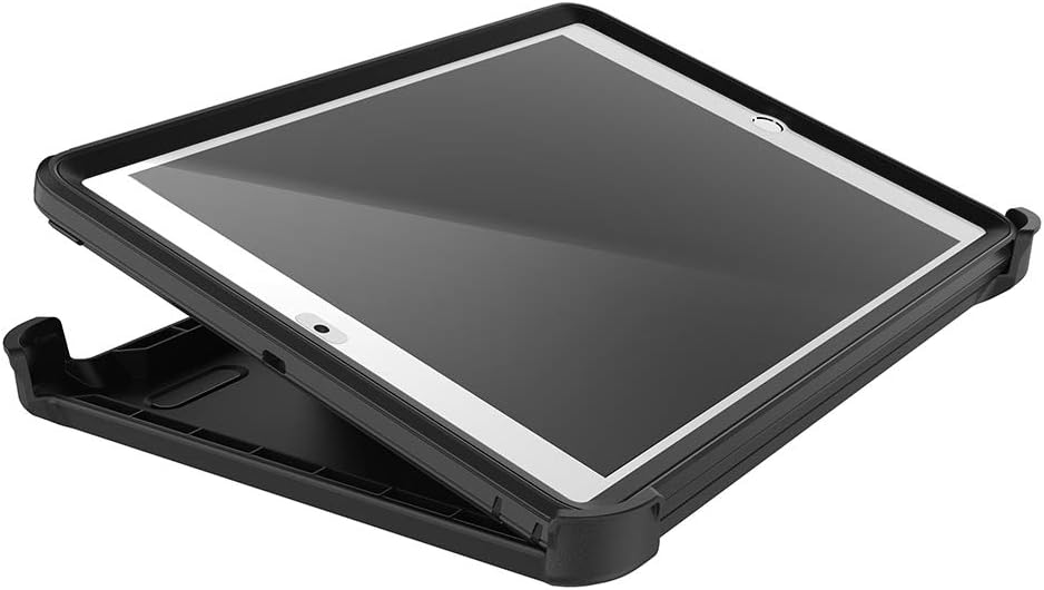 OtterBox Defender black case partially open on an Apple iPad 10.2-inch (7th/8th/9th Gen) showing front and back sides.