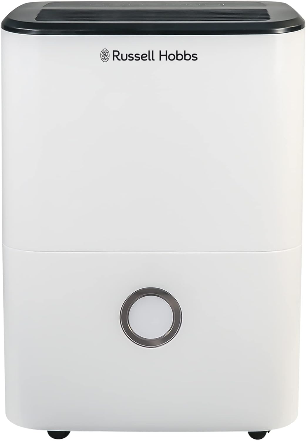 Russell Hobbs 20L dehumidifier in white with black top vent and circular water level indicator on front panel
