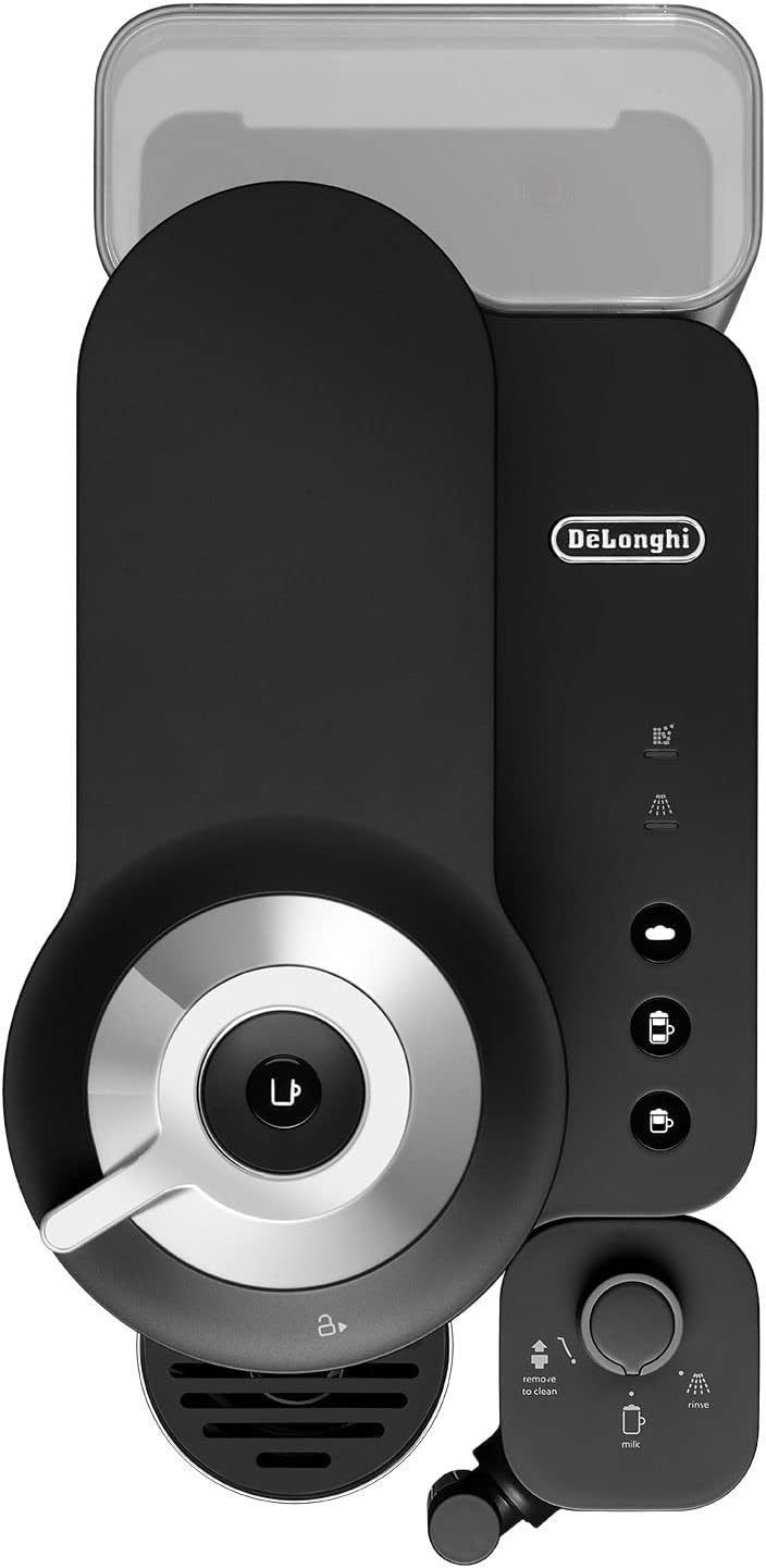 Top view of black Delonghi Nespresso Vertuo Lattissima coffee machine with control buttons and milk frother attachment.