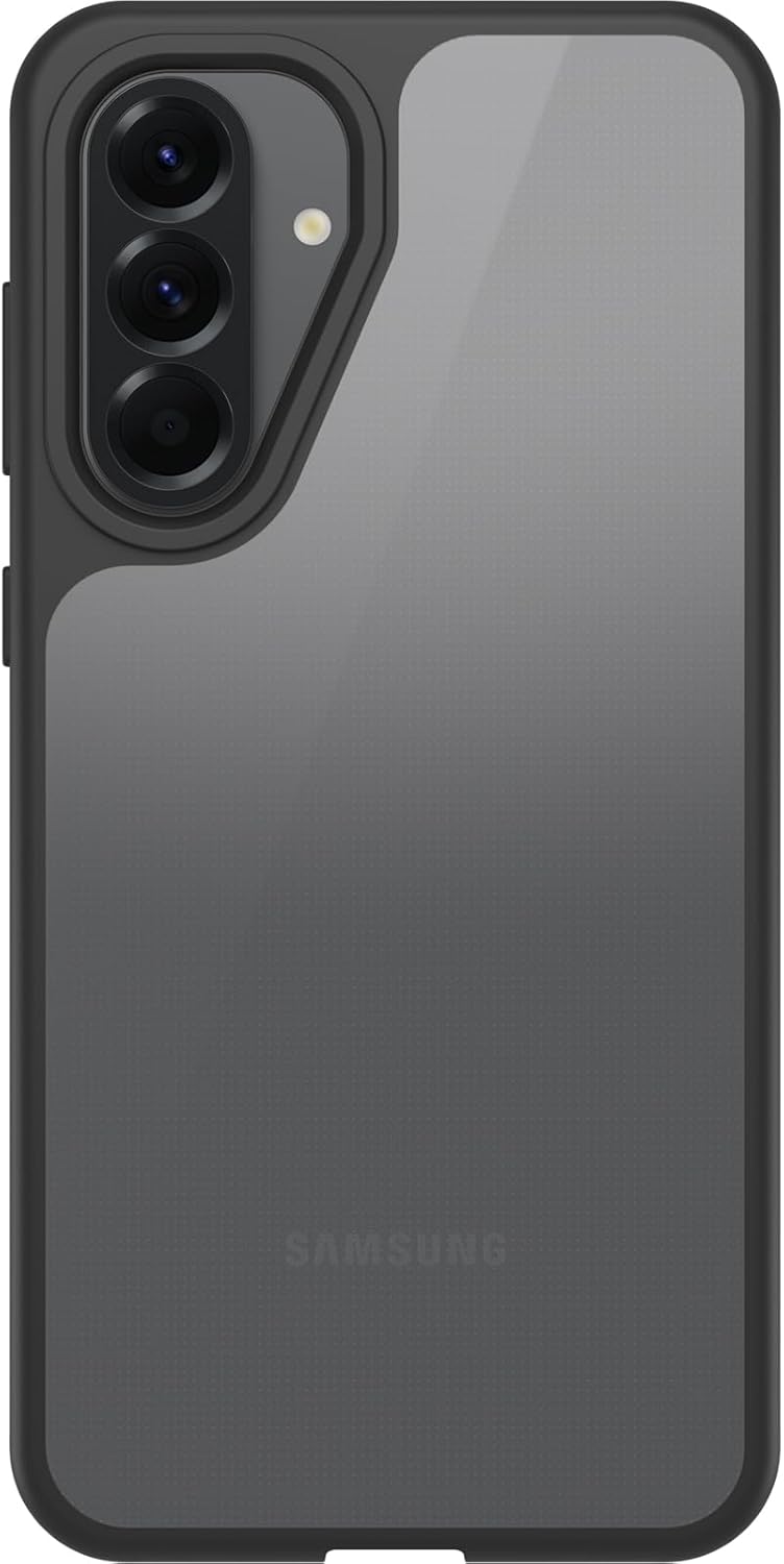 Otterbox React black case on Samsung Galaxy A56 5G showing rear camera and translucent back panel