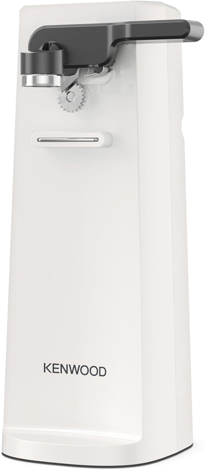 Kenwood CAP80.000WH white electric can opener with black lever and metal cutting blade visible on front.