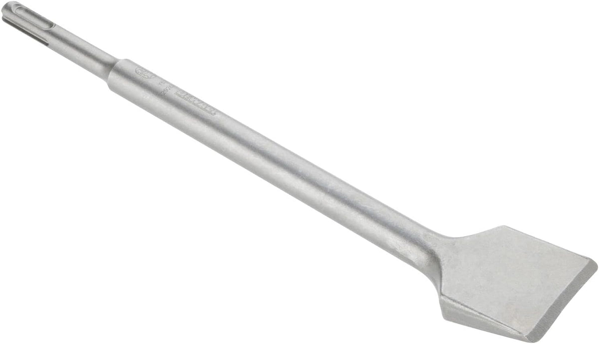 DeWalt SDS Plus steel tile scaling chisel with a wide flat blade and shank end for hammer drill attachment
