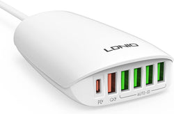 LDNIO 65W 6-Port Desktop Charger with USB-C and USB-A, fast charging, surge protection, compact design – Keans Claremorris