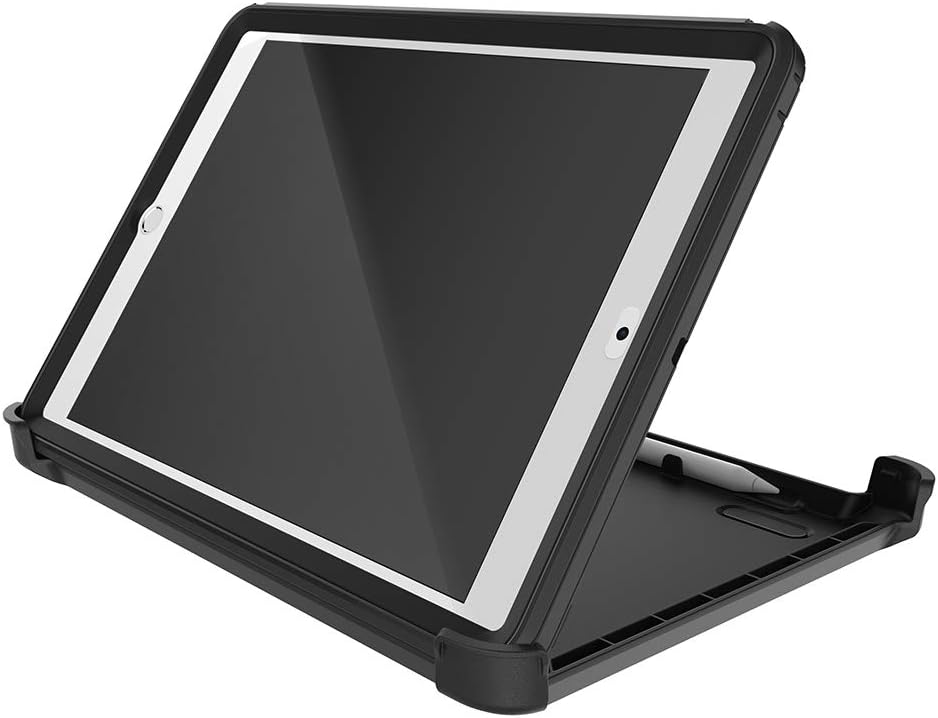 OtterBox Defender Case in black for Apple iPad 10.2-inch, shown propped open with stylus holder visible.