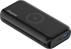 Energizer 20000mAh wireless power bank with fast charging, dual USB inputs, LED indicator, durable design – available at