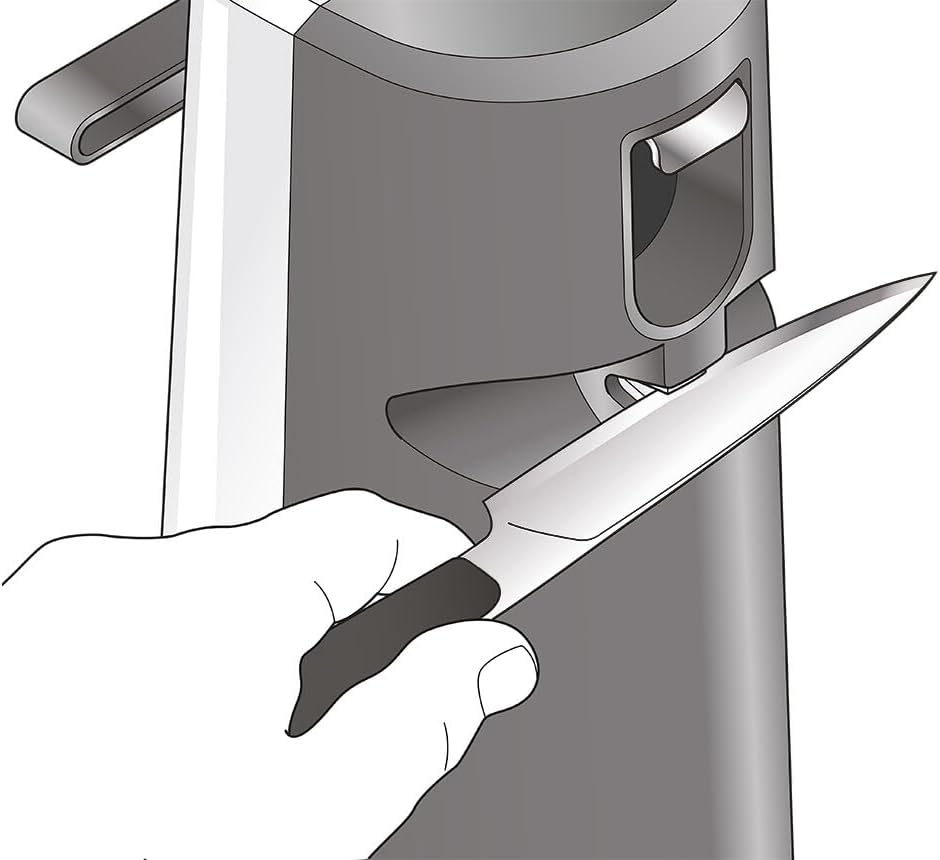 Hand holding a knife near the blade area of a Kenwood Electronic Can Opener CAP80.000WH in gray and white.