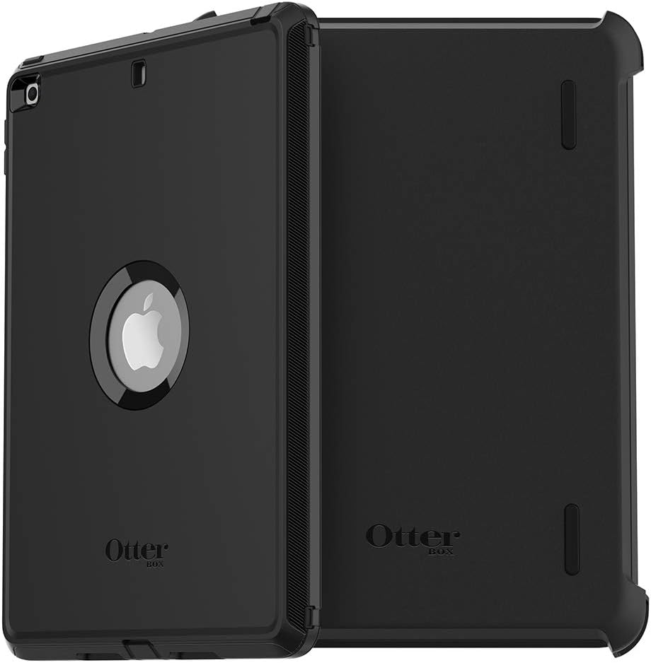 Black OtterBox Defender rugged case for Apple iPad 10.2-inch, showing front and back with Apple logo cutout.