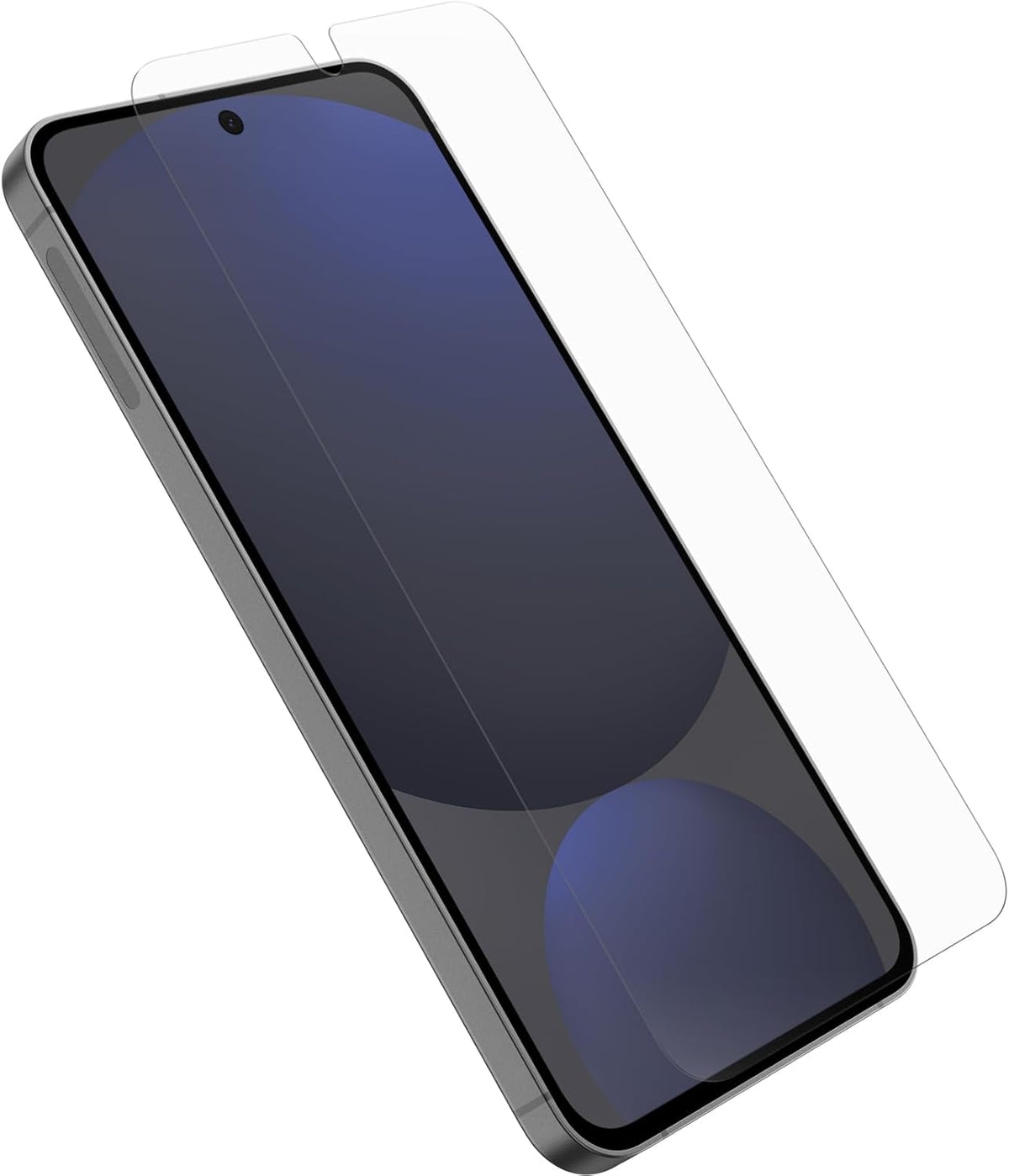 Samsung Galaxy 24 smartphone with a transparent Otterbox glass screen protector positioned above it