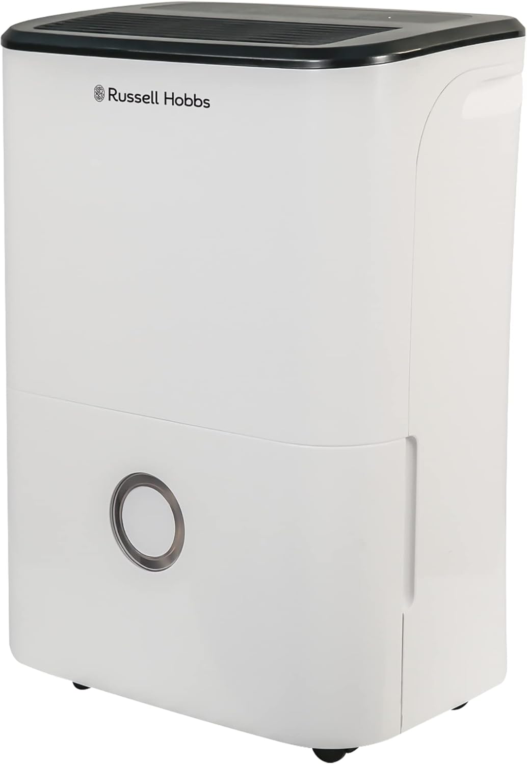 Russell Hobbs 20L dehumidifier in white with black top, circular water tank window, and logo on front panel.