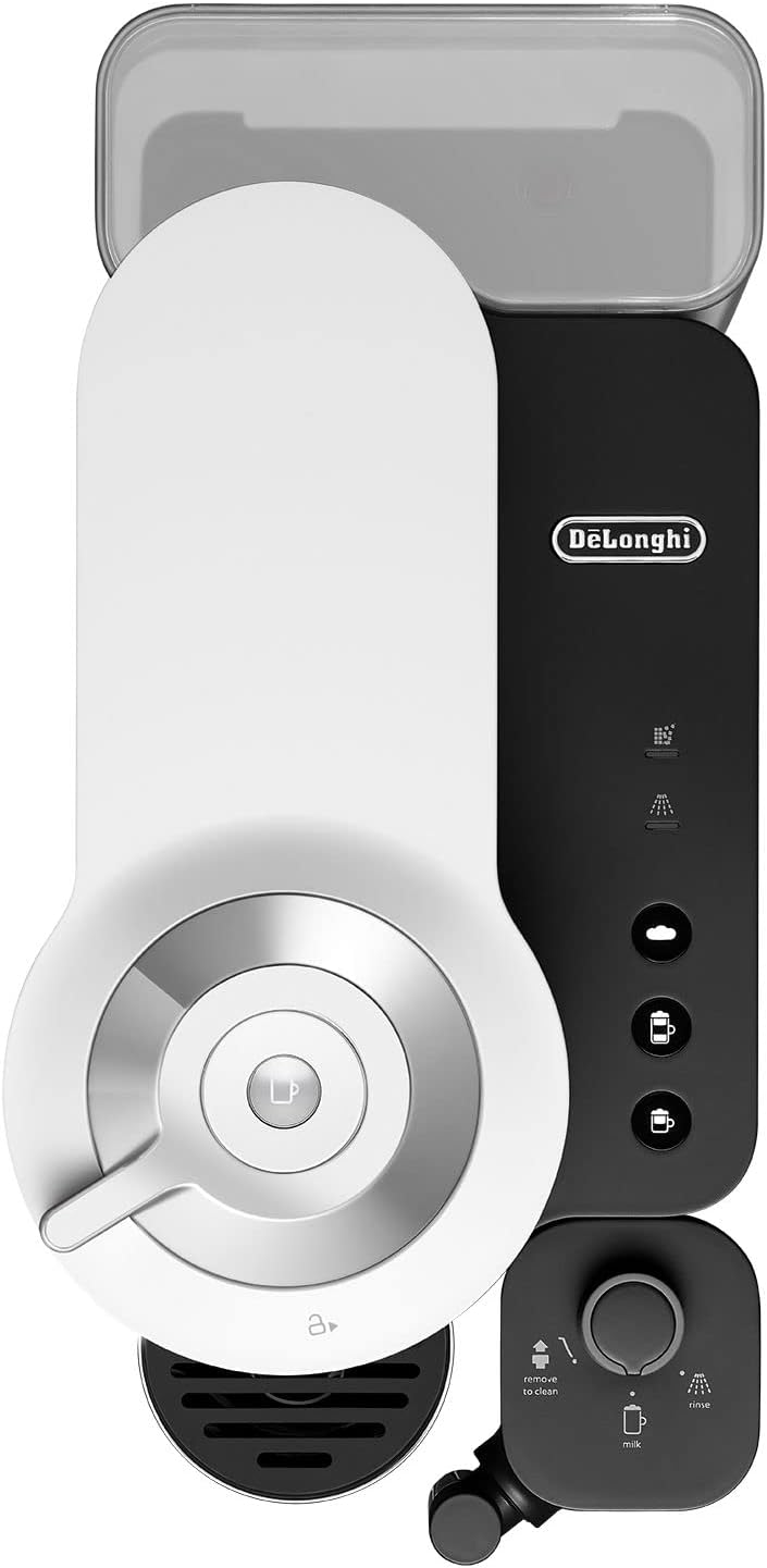 Delonghi Nespresso Vertuo Lattissima coffee machine in white and black with milk frother and control buttons visible