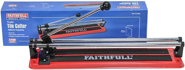 Faithfull Trade Tile Cutter 400mm with tungsten carbide wheel, dual rails, ergonomic handle – available at Kean’s