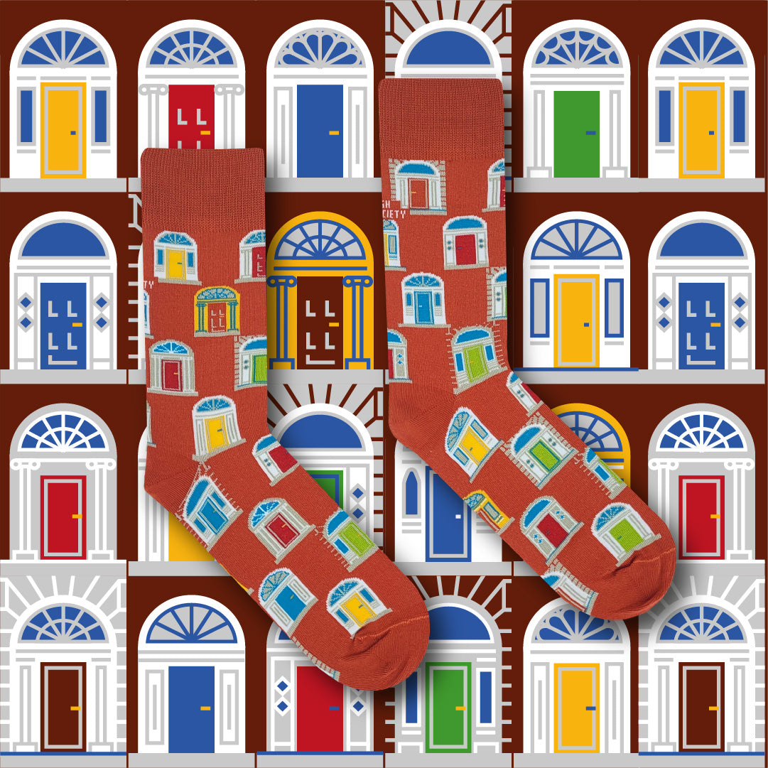Colorful Georgian Dublin Doors socks inspired by Ireland’s iconic vibrant doors, available at Keans Claremorris.