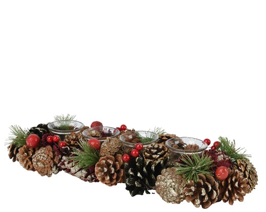 Tealight Holder – Pinecone & Berries – Rectangular – Glitter Finish – Red/Green 45cm