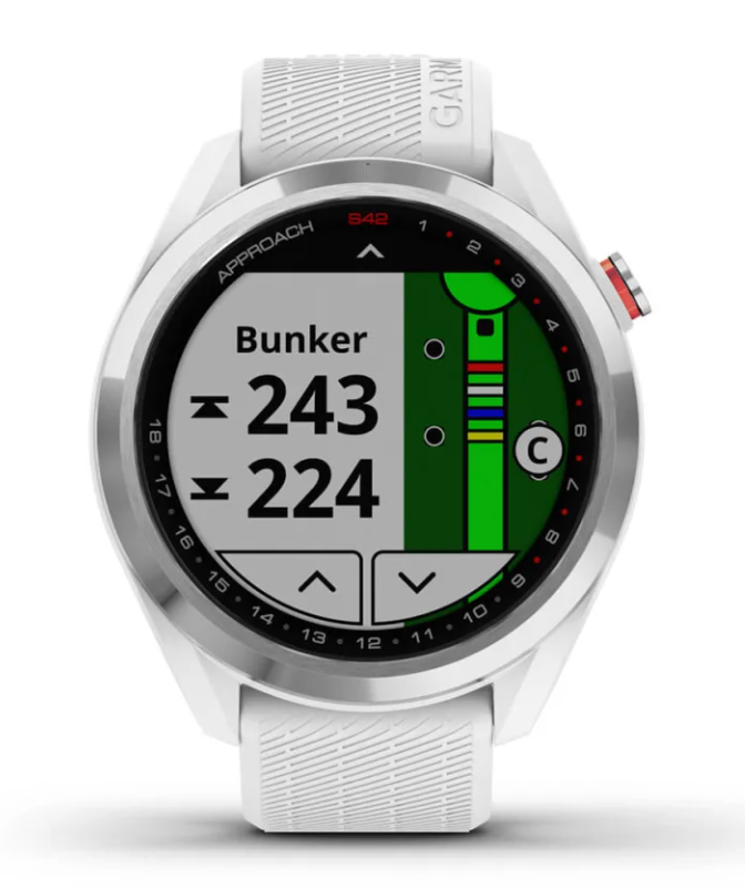 Garmin Approach S42 golf GPS watch with stainless steel case and white band showing bunker distance and course map.