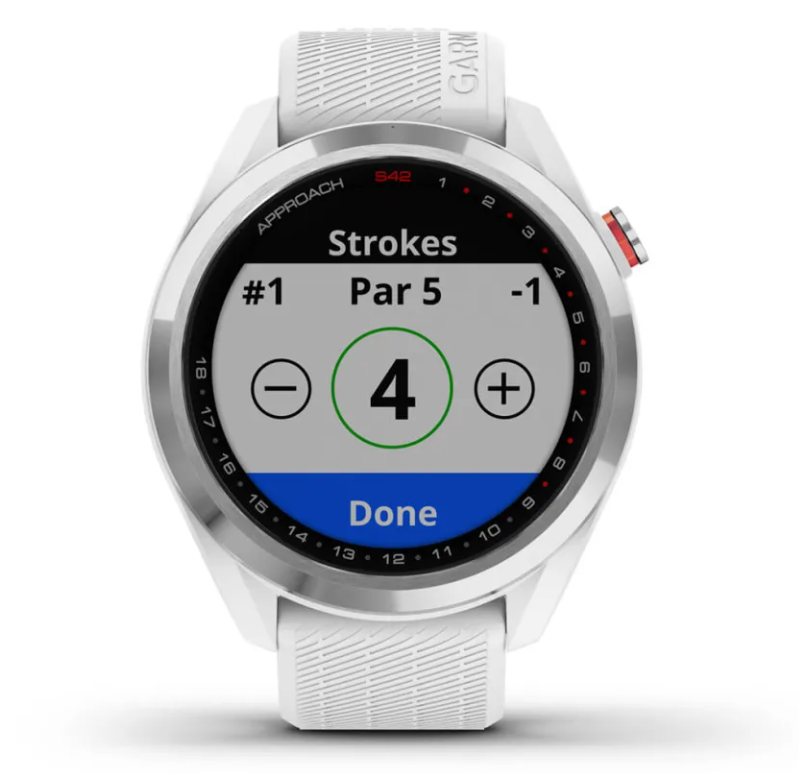 Garmin Approach S42 golf GPS watch in stainless steel with white band showing stroke count screen