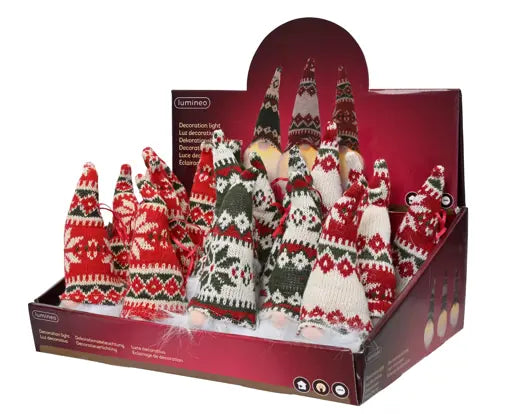 Display box with multiple knitted LED gnome decorations in red, green, and white patterns, 20cm tall.