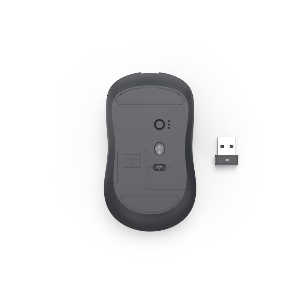 Bottom view of Hama Silent Wireless Mouse with USB receiver on white background
