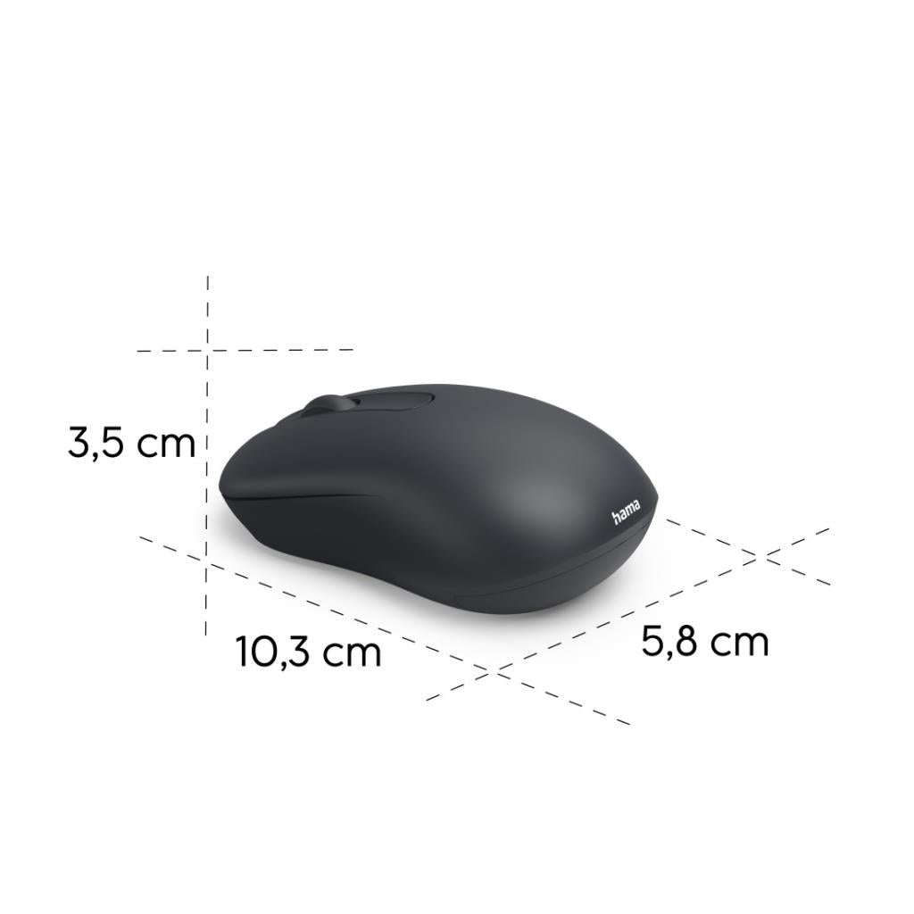 Black Hama Silent Wireless Mouse shown with dimensions 10.3 x 5.8 x 3.5 cm on white background.