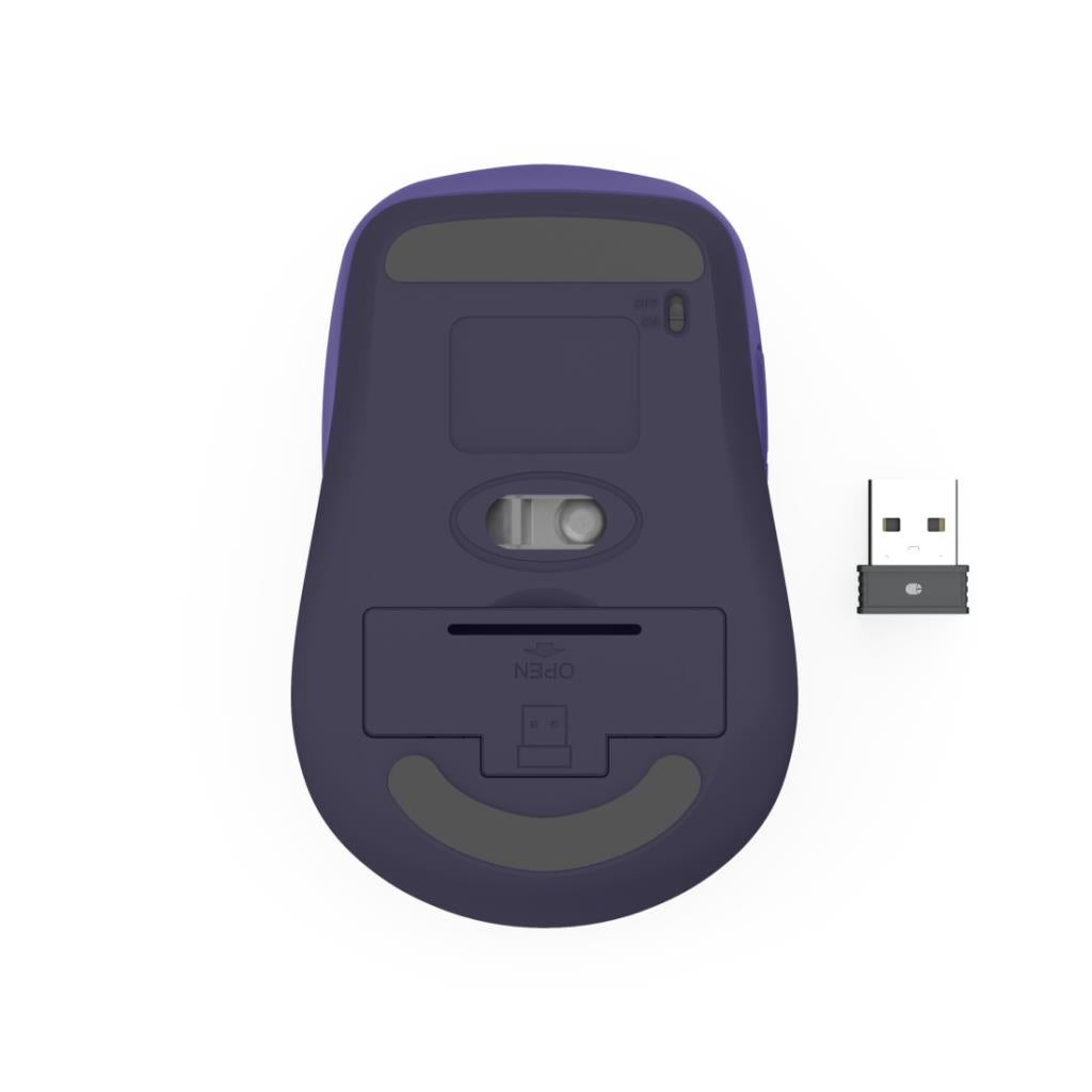Bottom view of Hama Wm-450 blue wireless mouse with USB receiver and battery compartment visible