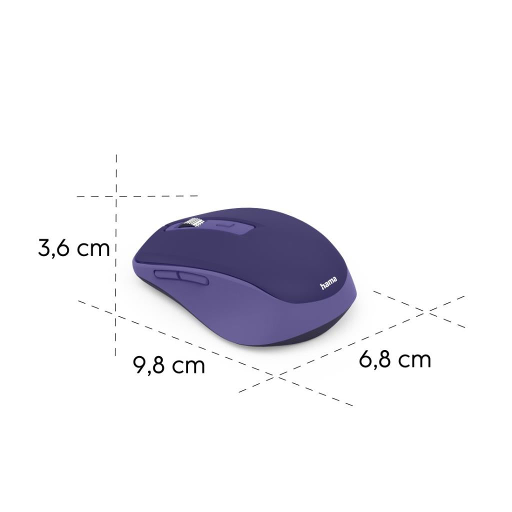 Hama Wm-450 blue wireless mouse shown from side with dimensions 9.8 x 6.8 x 3.6 cm visible