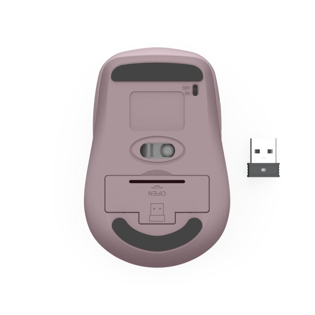 Bottom view of Hama Wm-450 pink wireless mouse showing sensor, power switch, and USB receiver.