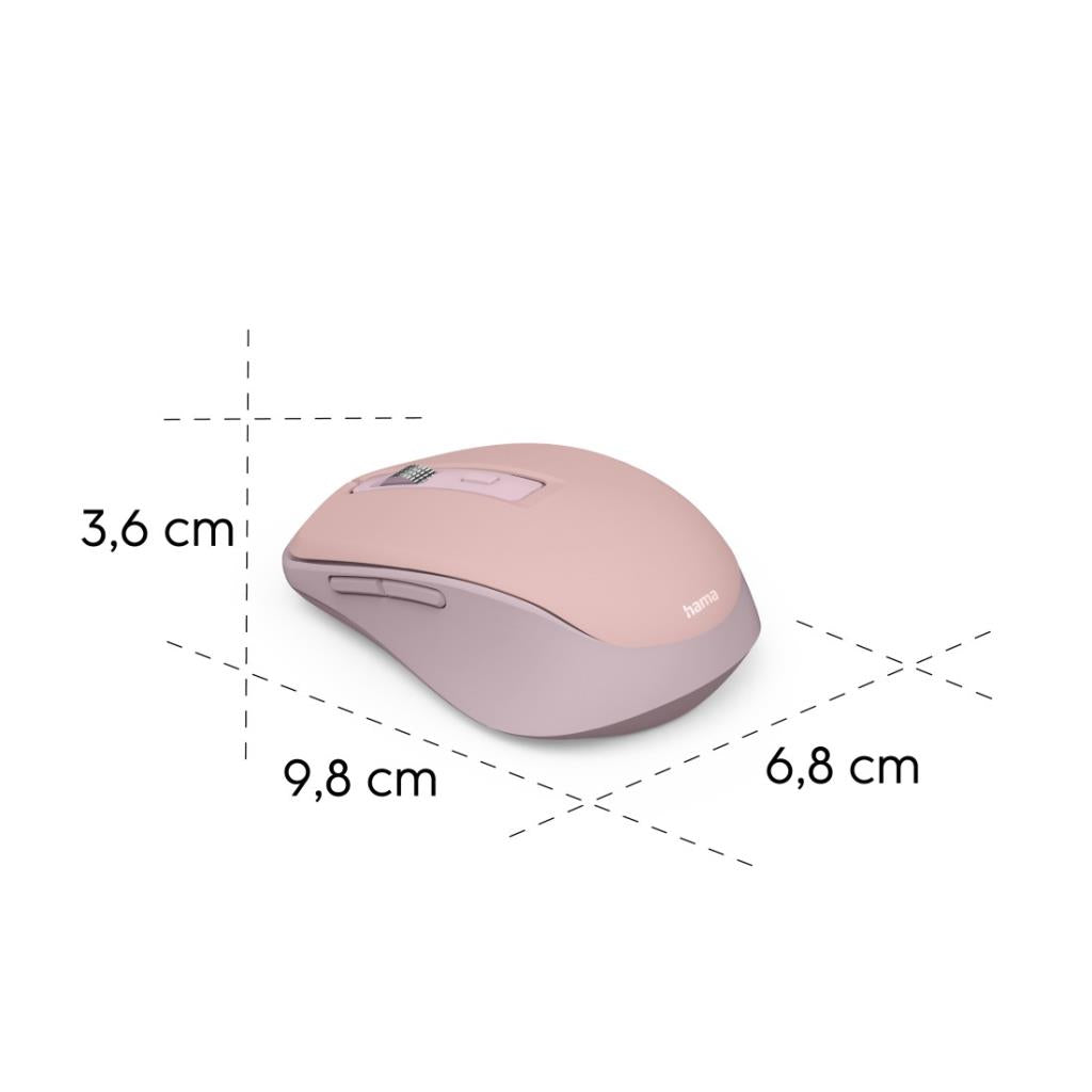 Hama WM-450 pink wireless mouse shown from side with dimensions 9.8x6.8x3.6 cm visible.