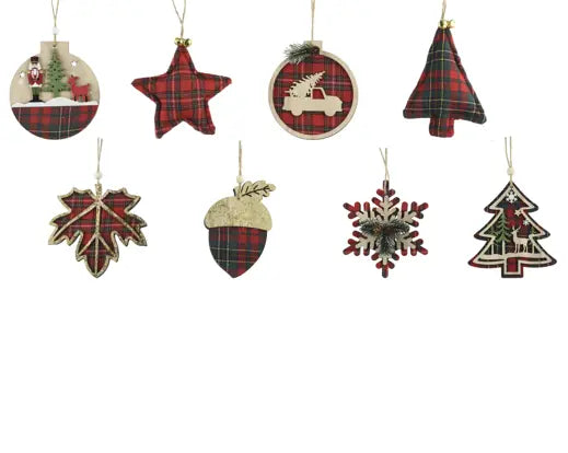 A set of eight rustic Christmas tree ornaments in various shapes including star, circle, tree, acorn, snowflake, and Christmas tree, featuring red and green plaid patterns with gold and white accents, shown against a plain white background.