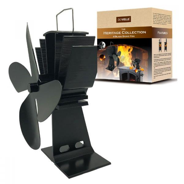 De Vielle Heritage 4 Blade Stove Fan, heat-powered, cordless, aluminium, improves stove efficiency, sold by Keans
