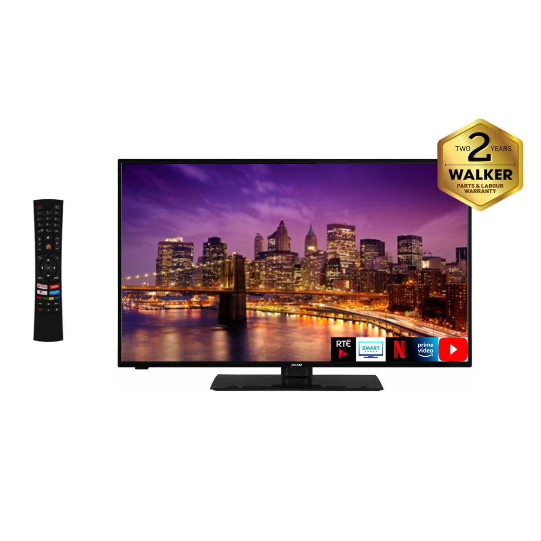 Walker 32" QLED Smart TV with cityscape on screen, remote control, and 2-year warranty badge visible.