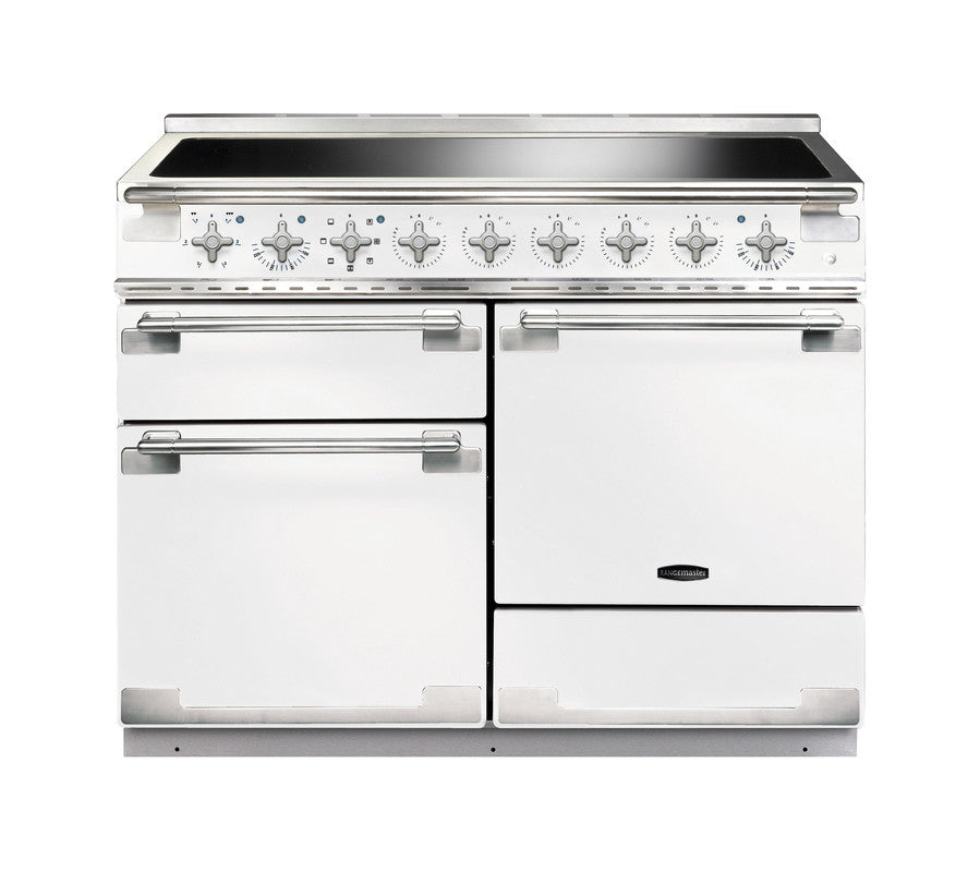 Rangemaster Elise 110 induction range cooker in white with stainless steel handles and control knobs, front view.