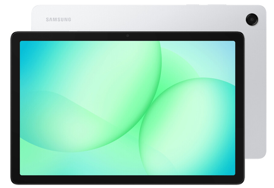 Samsung Galaxy Tab A11+ 11-inch silver tablet front screen and rear camera visible, showing slim design.
