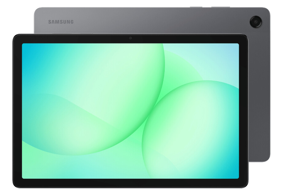 Samsung Galaxy Tab A11+ 11-inch tablet in grey, front screen and rear camera visible