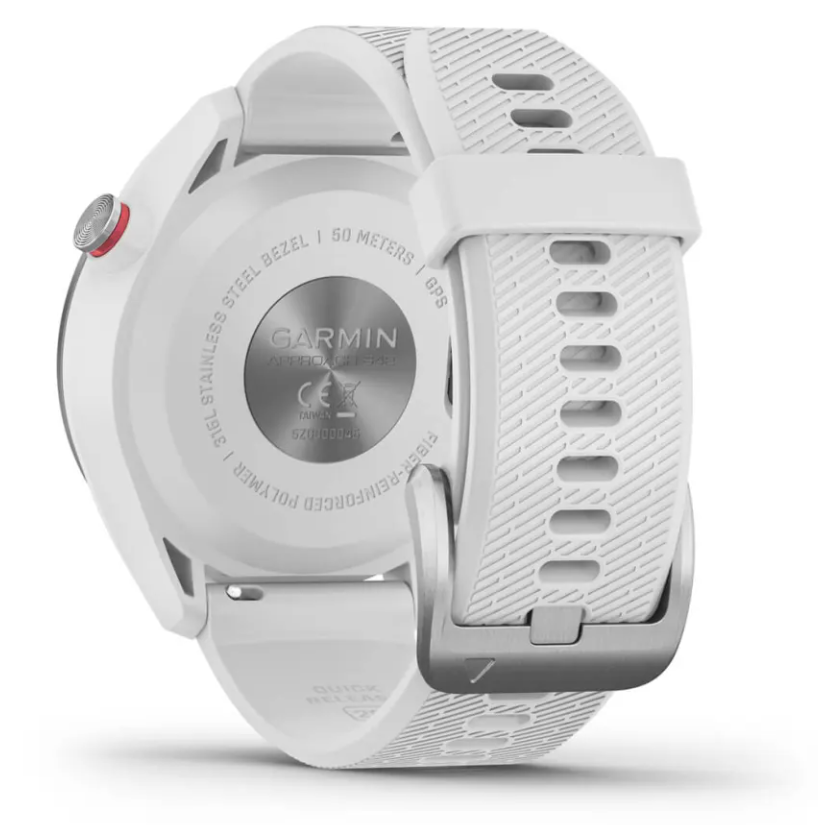 Back view of Garmin Approach S42 Golf GPS watch with white perforated silicone strap and stainless steel buckle.