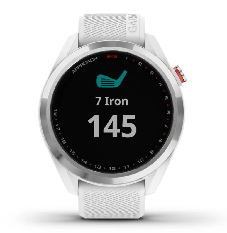 Garmin Approach S42 golf GPS watch with stainless steel bezel and white strap showing 7 Iron distance 145 yards
