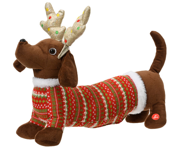 Animated Dachshund Christmas dog 32cm with motion ears, tail, plays Jingle Bells, festive sweater – Keans Claremorris.