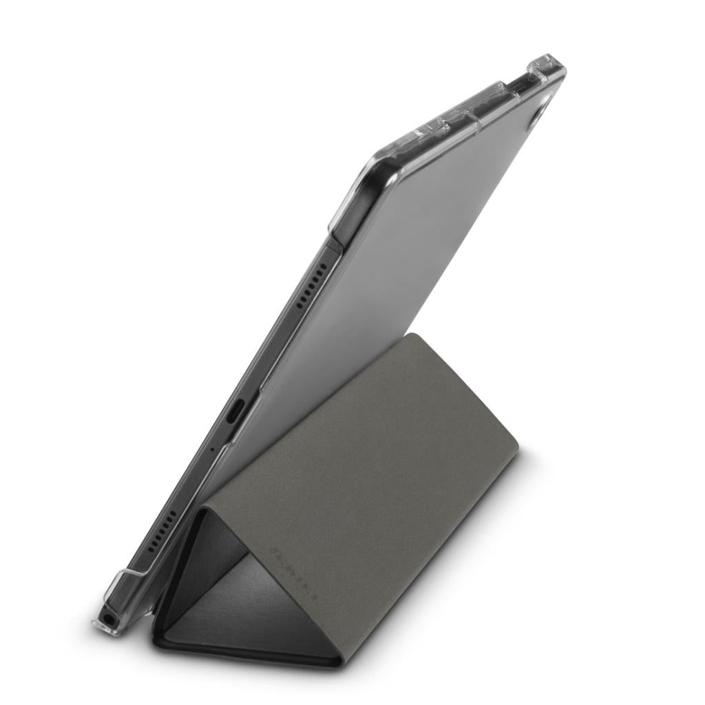 Hama Samsung A11 8.7" case in transparent back with gray foldable stand cover angled upright