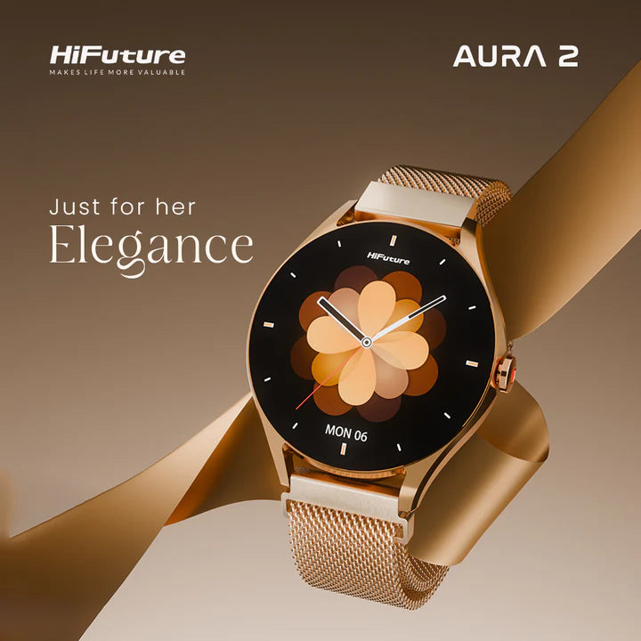HiFuture Aura 2 Smart Watch with gold mesh band and floral digital watch face on a gold background