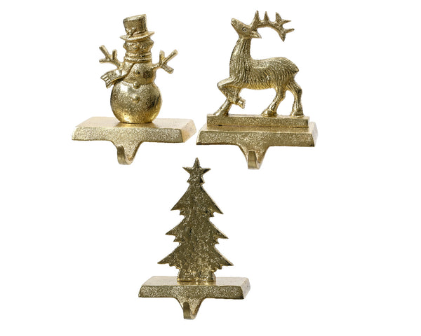 Gold iron Christmas stocking holder, 3 designs (Santa, Deer, Tree), sold singly – Keans Claremorris