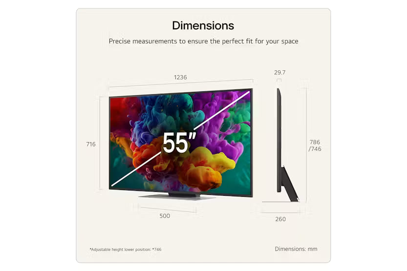 LG 55'' QNED Evo MiniLed 4K Smart TV showing front and side views with detailed dimensions in millimeters.
