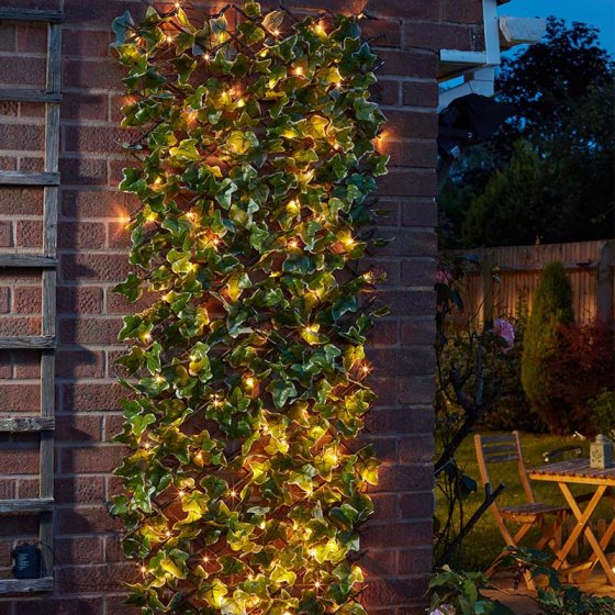Solar In-Lit Ivy Trellis 75 LED, UV resistant ivy leaves, solar-powered warm white lights, expandable willow frame – Keans