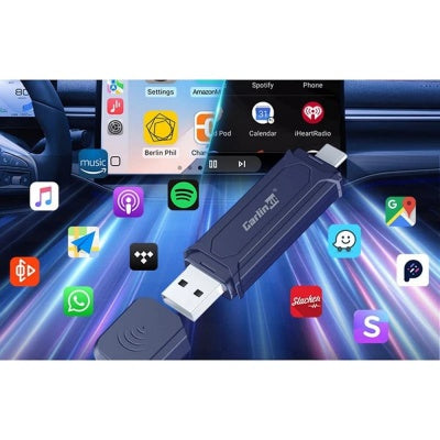 MINI 5 PRO Carlinkit USB dongle with cap removed, surrounded by app icons and a car dashboard screen.