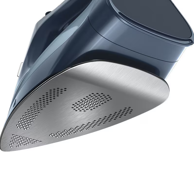 Braun Steam Generator Iron SI7160BL showing angled view of soleplate with steam holes and dark blue body.