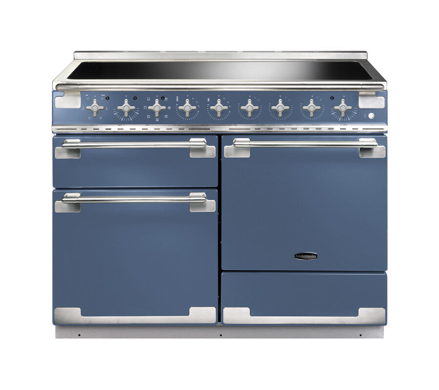 Rangemaster Elise 110 induction range cooker in blue with stainless steel handles and control knobs, front view.