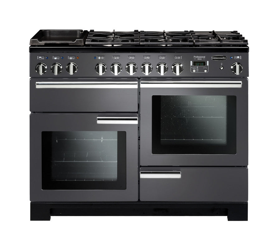 Rangemaster Professional Deluxe 110cm dual fuel range cooker with two ovens, grill, and seven-burner hob in black