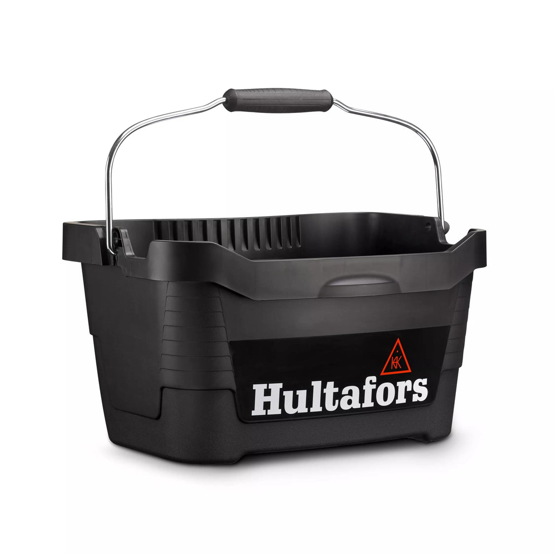Black Hultafors tool bucket with metal handle and rubber grip, front logo visible, angled view.