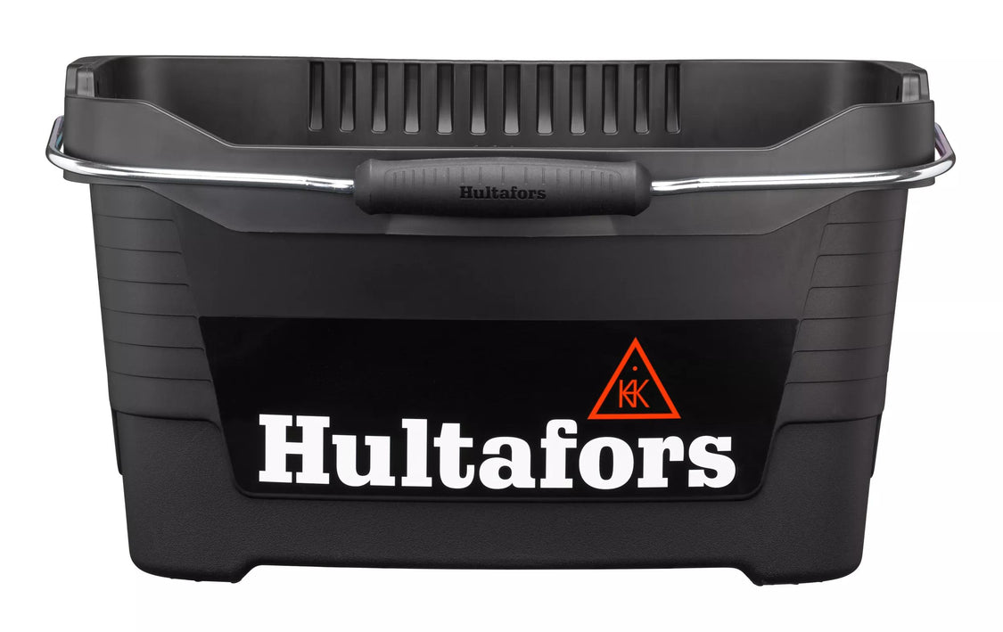 Black Hultafors Tool Bucket with metal handle and rubber grip, front view showing logo panel.