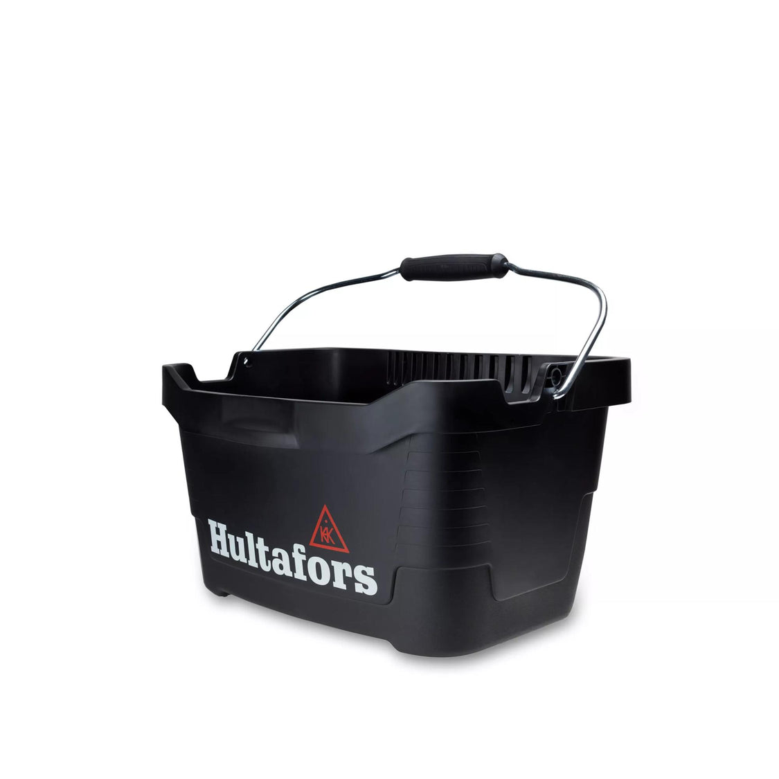 Black Hultafors tool bucket with metal handle and grip, angled view showing logo on side.