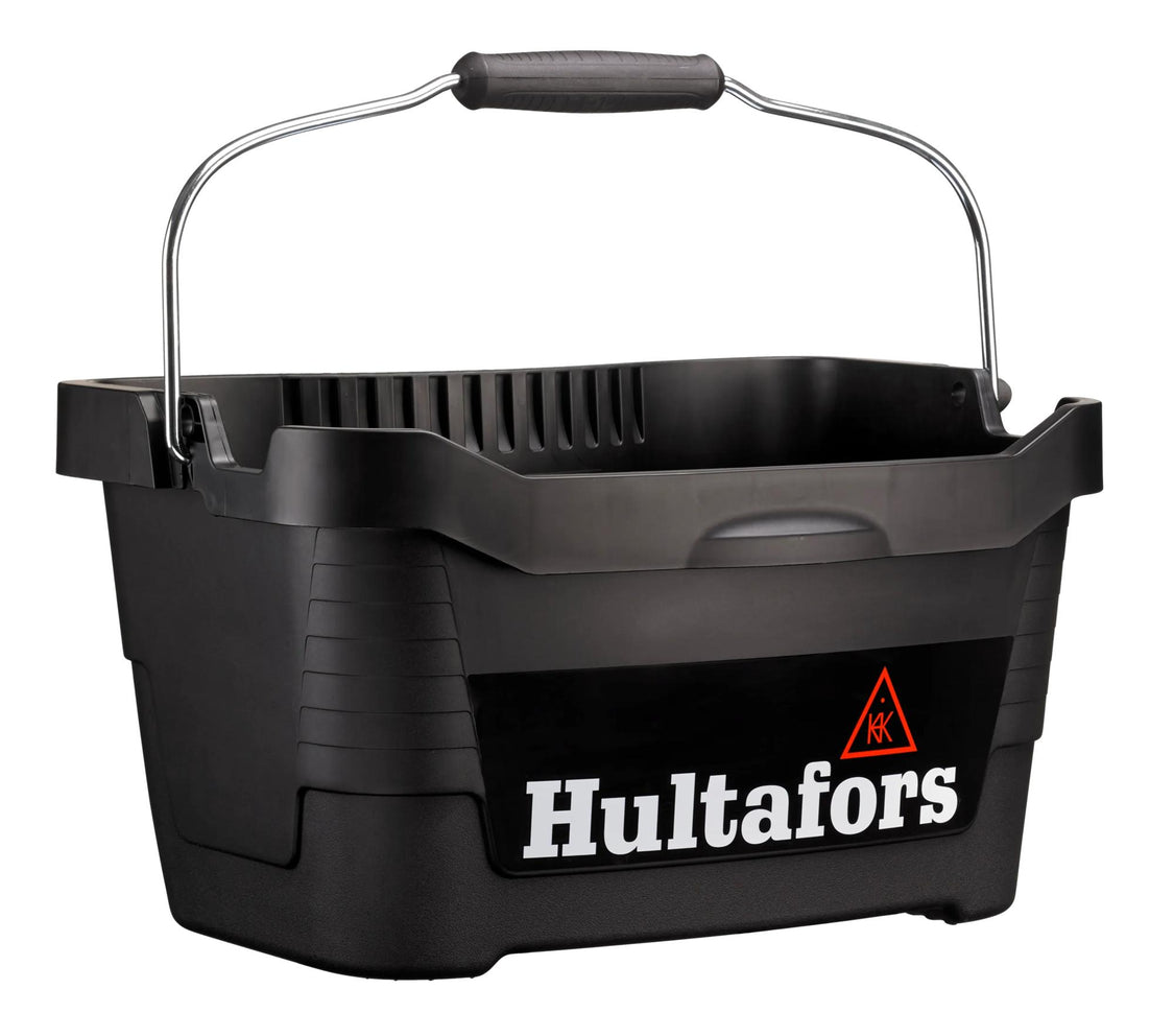 Black Hultafors tool bucket with metal handle and grip, featuring the Hultafors logo on the side.