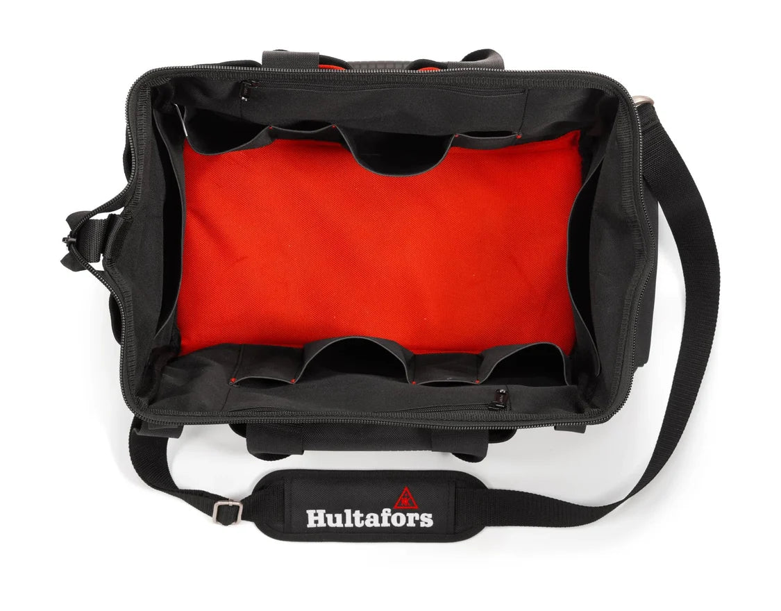 Open Hultafors 50cm toolbag showing red interior and multiple black pockets with shoulder strap.
